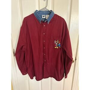 Vtg Disney Catalog Burgundy Mickey & Goofy Denim Collar Shirt Size XL